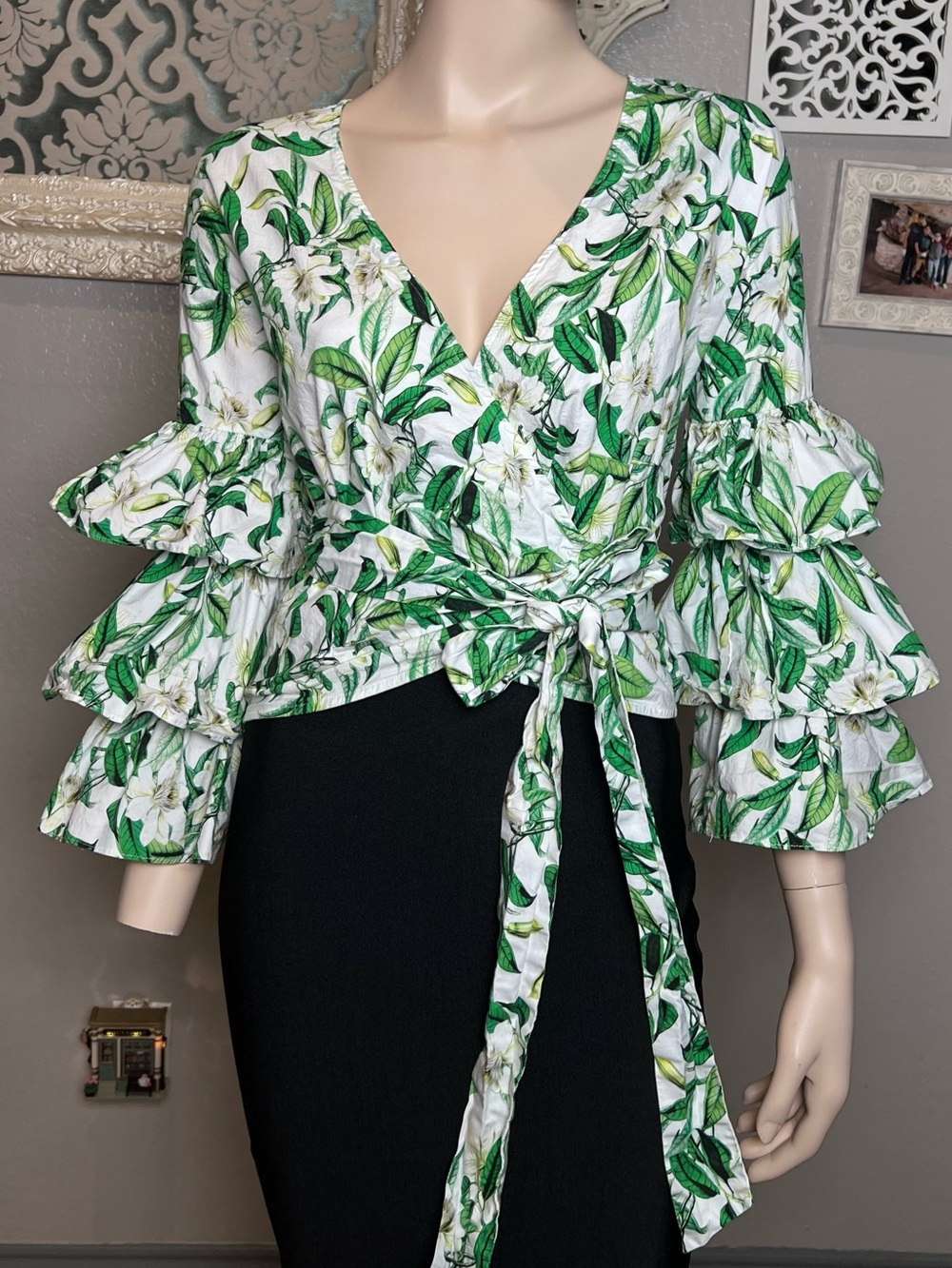 Boston Proper White & Green Floral Wrap Blouse